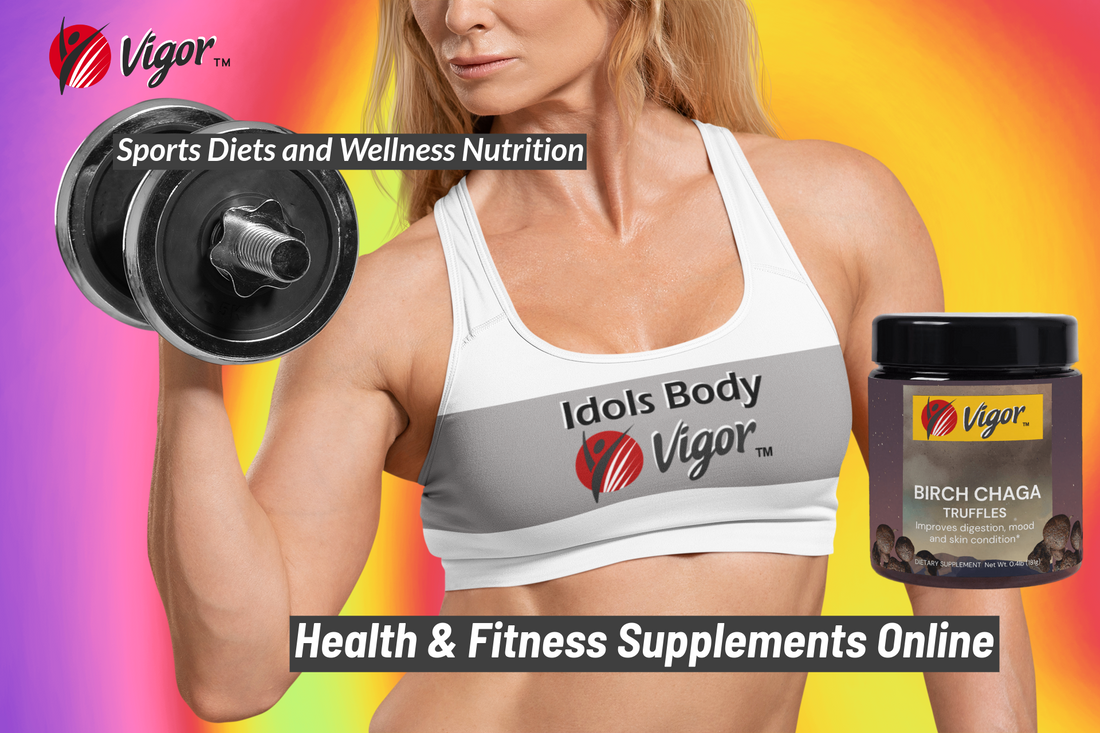 Sports diets and wellness nutrition poster of vigor health & fitness supplements featuring a strong woman holding a dumbbell and announcing birch chaga truffles.