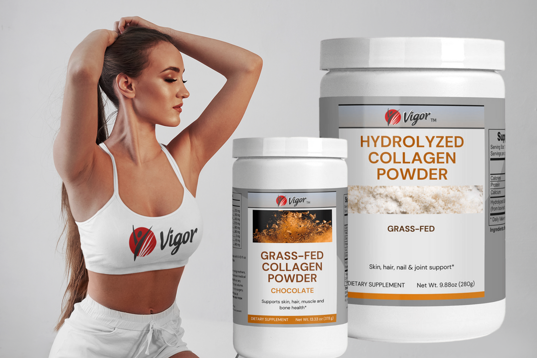 Vigor-hydrolyzed-collagen-powder-poster-featuring-a-woman-with-a-long-ponytail-and-two-hydrolyzed-collagen-powder-jars