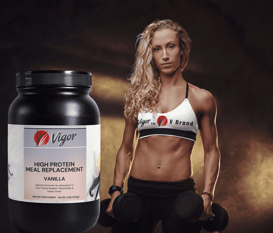 Vigor V Brand Supplements poster featuring a sportswoman in the studio announcing a High Protein Meal Replacement powder