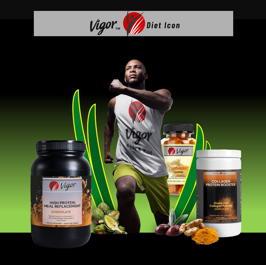 Vigor icon supplements banner featuring a fit man running on the stage filled with vegetation and supplement packs