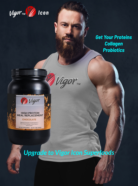 Vigor icon supplements promotion poster featuring a man with muscular arms in the studio announcing a collection of workout supplements including proteins collagen and probiotics
