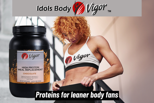high-protein-meal-replacement-poster-featuring-a-fit-woman-wearing-vigor-brand-sports-bra-in-front-of-the-protein-jar