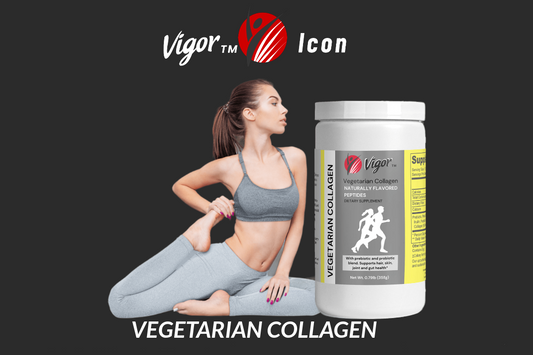 vigor icon supplements poster featuring a fit woman in the studio doing yoga announcing vegetarian collagen supplement