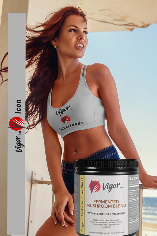 vigor icon wellness store lifestyle poster featuring a sporty woman posing on a balcony with a beach view while announcing fermented mushroom superfood supplement